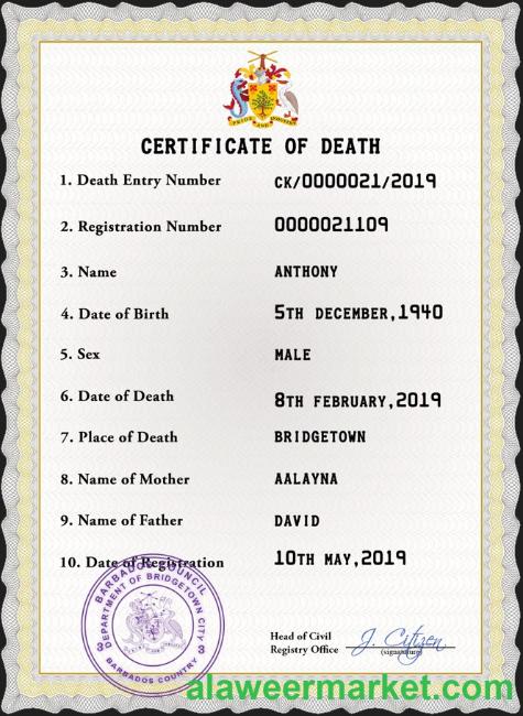 Barbados death certificate PSD template